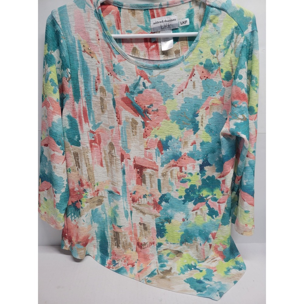 Alfred Dunner Petite PM Scenic Impressionist Print‎ Rhinestone 3/4 Sleeve Top